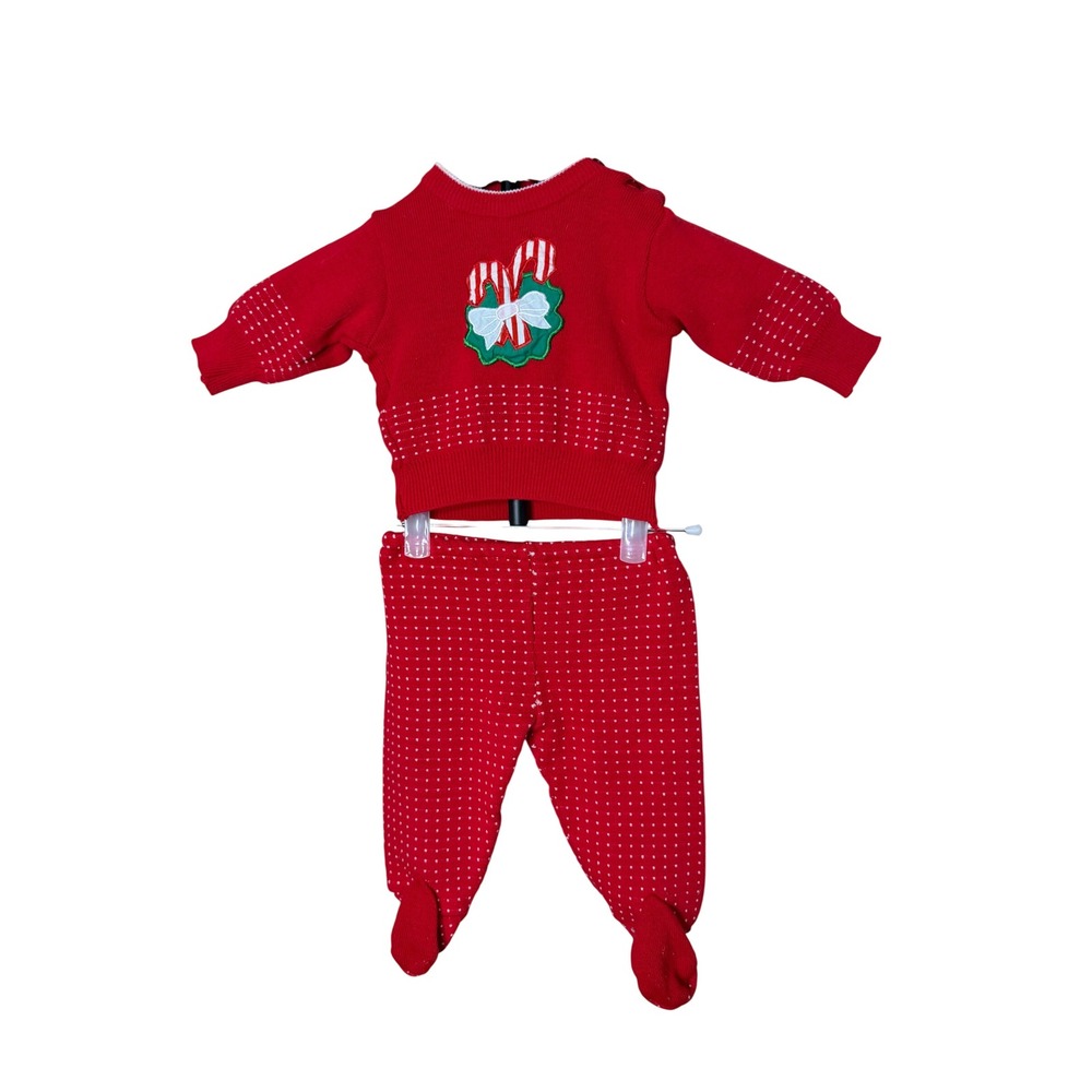 First Impressions Red Knit Candy Cane Sweater and Footed Pants‎ Set 3/6 Months